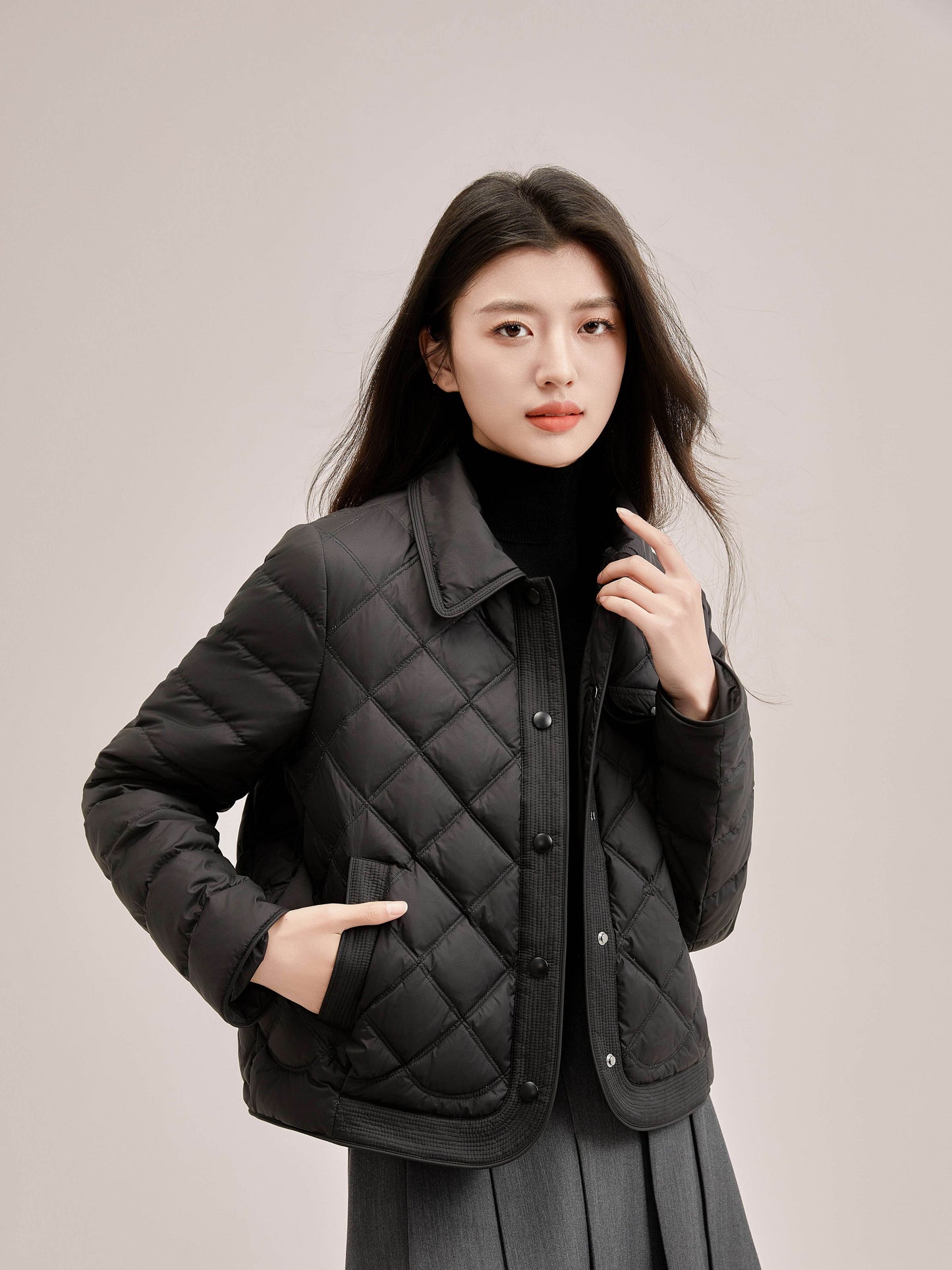 Solid Button Front Lapel Neck Coat, Casual Side Pockets Long Sleeve Quilted Crop Down Coat For Fall & Winter, Women's Clothing