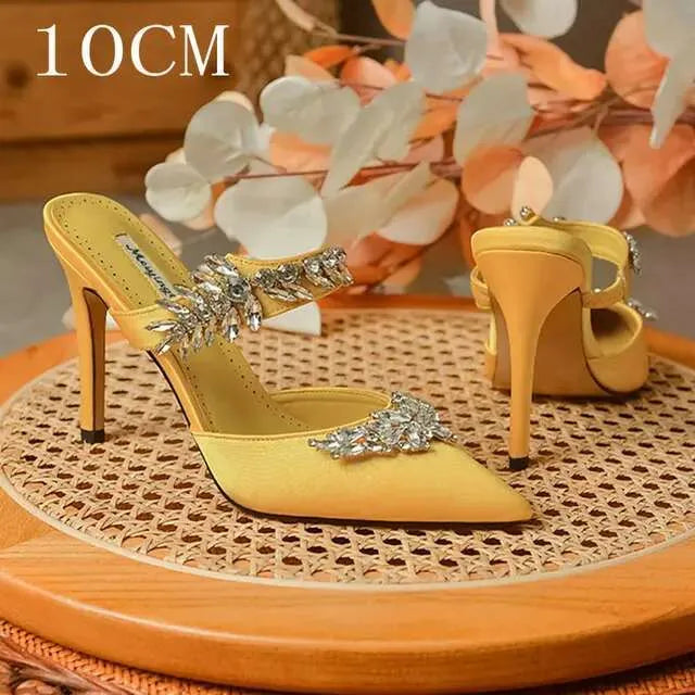 Crystal Slipper Mueller Shallow Mouth Pointed Silk Rhine-Drill High White Slender Heels Wedding Shoes Kq8