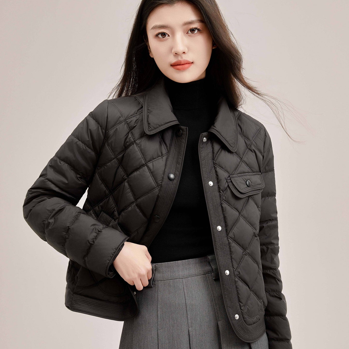 Solid Button Front Lapel Neck Coat, Casual Side Pockets Long Sleeve Quilted Crop Down Coat For Fall & Winter, Women's Clothing