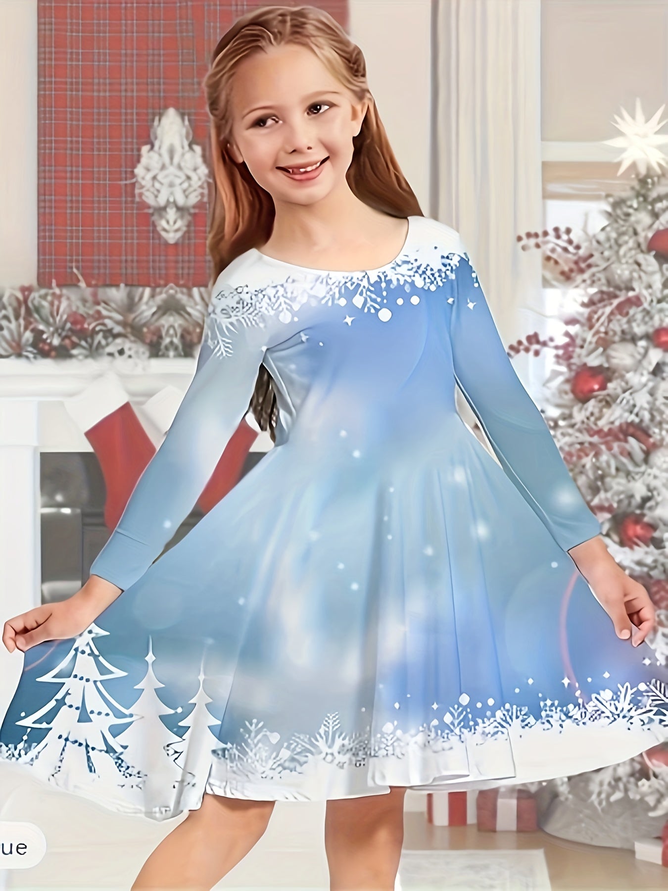 Christmas Themed Children's Long Sleeve Dress - Polyester 100%, Street Style, Knee High, Applique Detail, Tunic Fit, A-Line, Knit Fabric, Slight Stretch, for Ages 2-13, Red and Blue Options with Snowflake and Candy Patterns