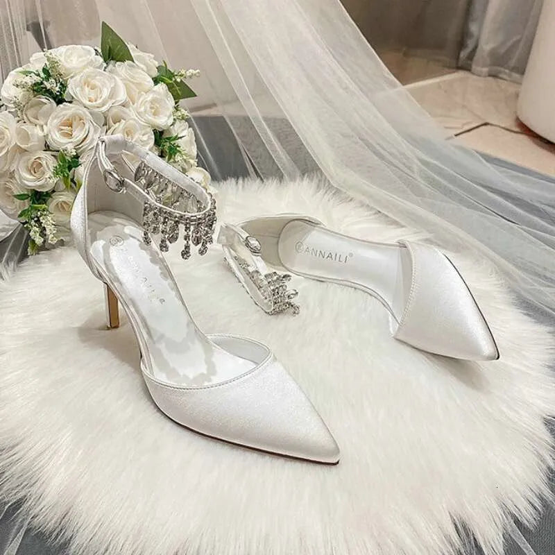 White Wedding Heels Women's Stiletto Bridal With Rhinestone Chain Pointed Toe Sandal Bridesmaid Shoes Kq8