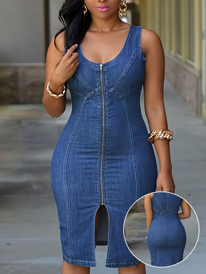 Classic Fitted Denim Dress - Zipper Front, Sleeveless, Slim Fit, Non-Stretch, Solid Color, Woven, Casual Style for Summer - Womens Regular Fit Denim Jeans Clothing