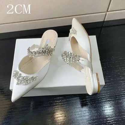 Crystal Slipper Mueller Shallow Mouth Pointed Silk Rhine-Drill High White Slender Heels Wedding Shoes Kq8