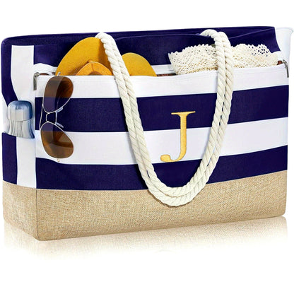 [Fast Arrival] Large Personalized Initial Beach Tote Bag - Spacious Zipper Bag for Women - Perfect Birthday Gift, Travel, Beach Essential, Stylish and Durable Companion