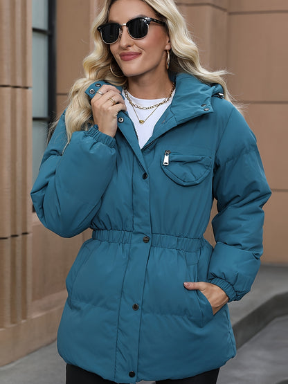 Solid Color Button & Zipper Front Hooded Down Coat, Long Sleeve Elastic Waist Belted Puffy Coat For Winter, Women's Clothing