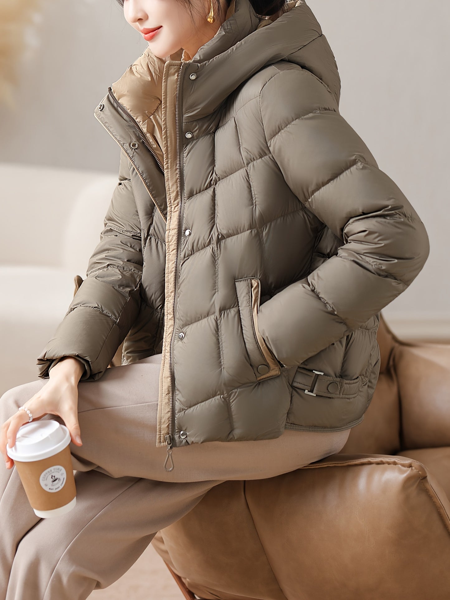 Winter New Arrival: Women's Puffer Jacket with Hood - Duck Down Filling, Polyester Fabric, Regular Fit, Long Sleeves, Zipper Closure, No Belt, Suitable for Fall/Winter Seasons