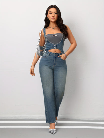 Vintage Blue High-Waisted Jeans with Detachable Straps, Casual Denim Overalls, Slim Fit, Full Length Trouser for Women