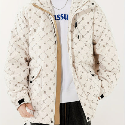 Men's Letter Print Puffer Jacket, Casual Windproof Flap Pocket Padded Coat For Fall Winter