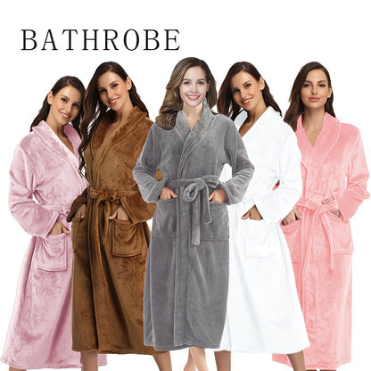 1pc Unisex Flannel Bathrobe, Thickened Long Sleeve Long Bathrobe, Warm Pajamas Shower Nightgown, Fluffy And Warm Robe For Home, Bathroom Supplies