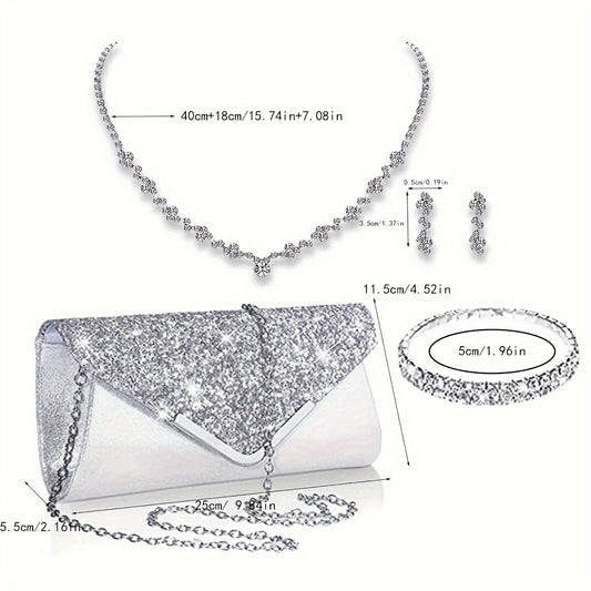 Glittering Evening Clutch Set - Sparkling Purse, Stylish Handbag, Dazzling Earrings, Delicate Necklace, Chic Bracelet - Perfect for Women, Carnaval, Wedding, Music Festival, Classic Style