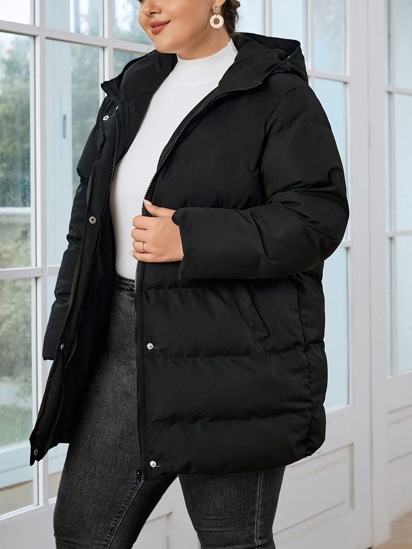 Plus Size Winter Wonderland Coat - Stylish Zip Front, Hooded Long Sleeves, Ultra-Warm Fleece, Casual Chic Fashion for Women