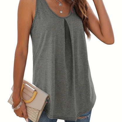 Vibrant Solid Crew Neck Tank Top - Ruched Bust, Micro Elasticity, Semi-Sheer, Machine Washable - Perfect Summer Casual Sleeveless Vest for Women