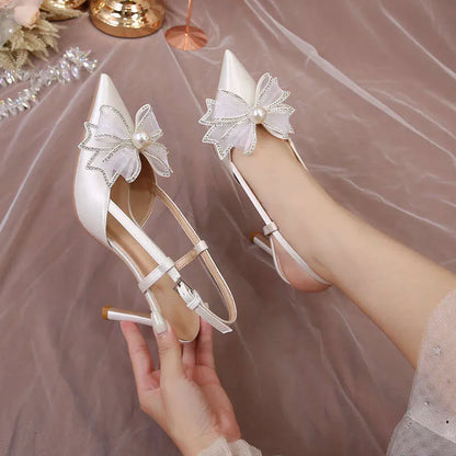 White Butterfly-Knot Wedding Satin High Heels Women New Bridal Shoes Fairy Wind Kq8