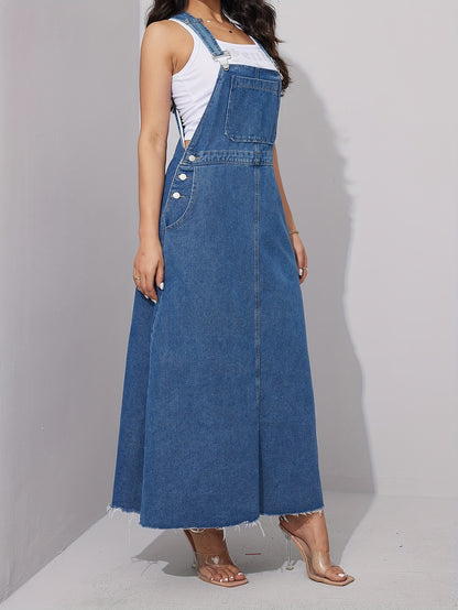 Chic Blue Distressed Denim Overall Dress - Adjustable Straps, Loose Maxi Fit, Stylish Womens Jeans Clothing