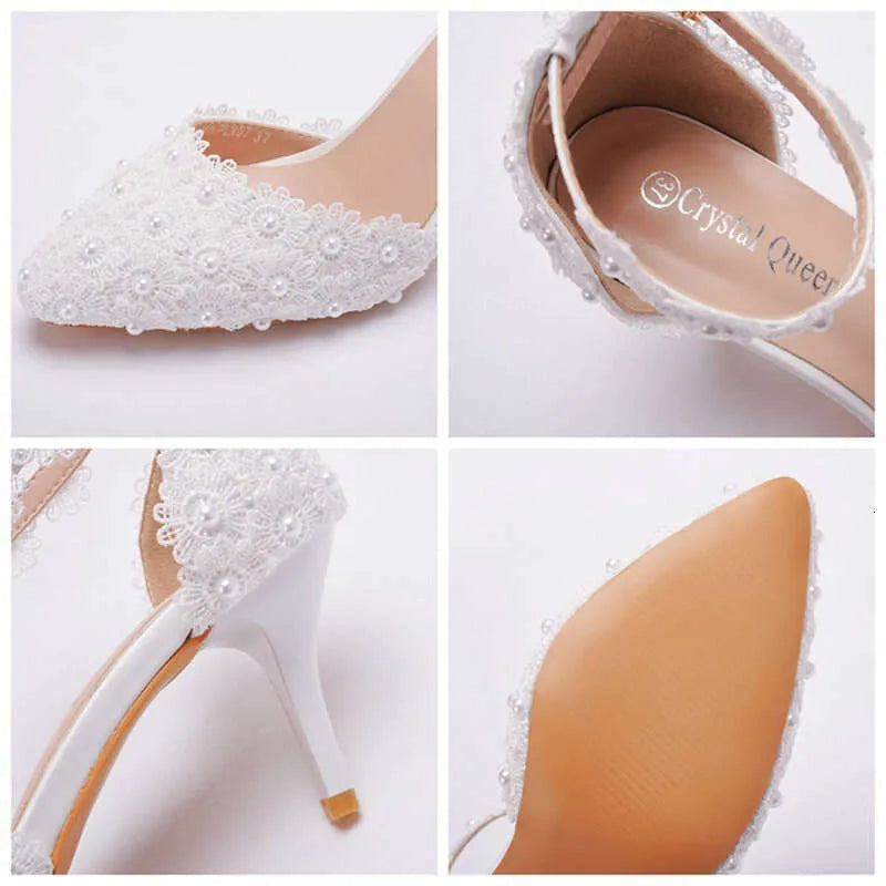 9Cm White Lace Wedding One Word Buckle Strap Thin Heels Pointed Toe Bride Female Sandals Bridesmaid Shoes Kq8