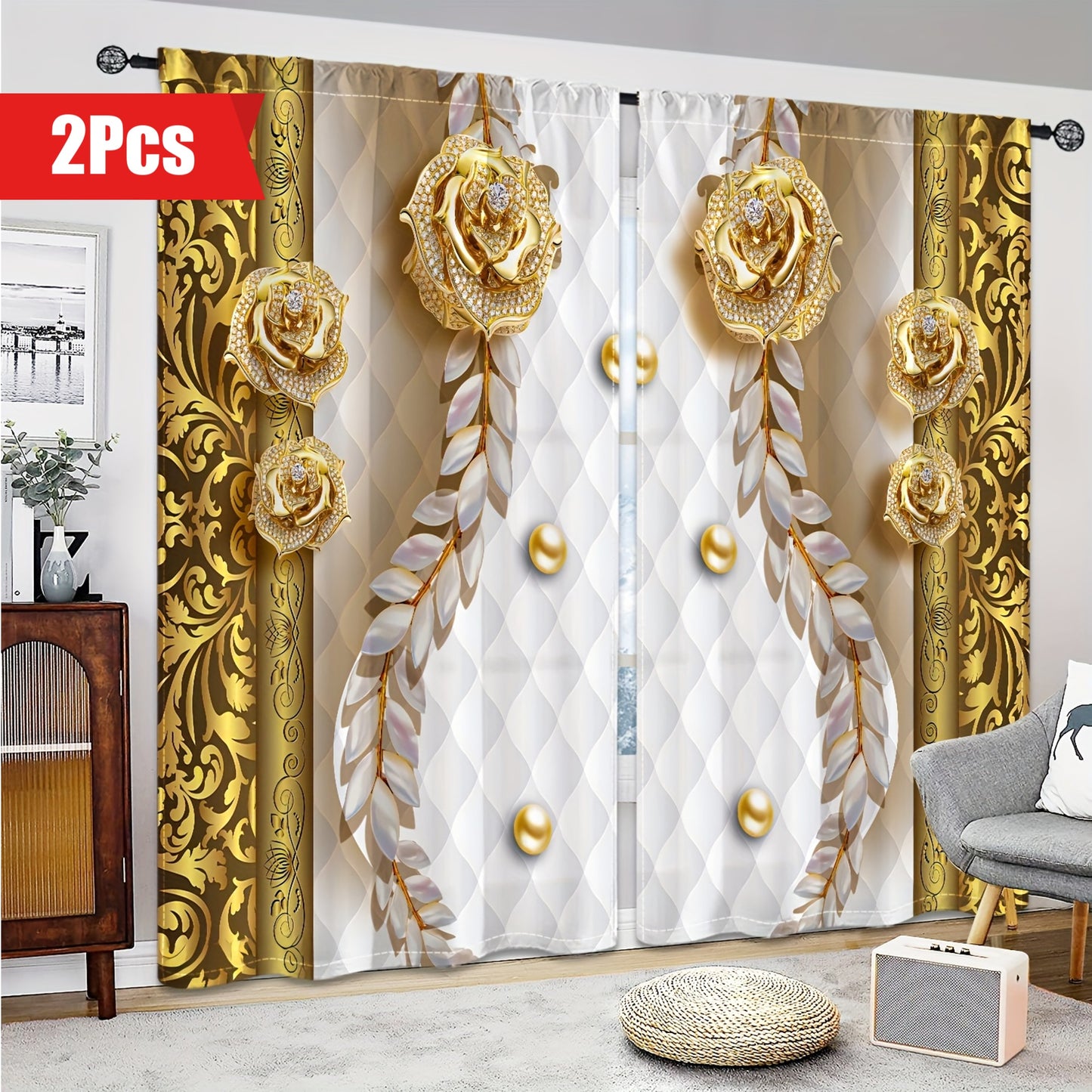 2pcs Modern European Style 3D Curtain Three-dimensional Golden Flower Semi Blackout Curtain For Bedroom Living Room Window Kitchen Office Home Decoration