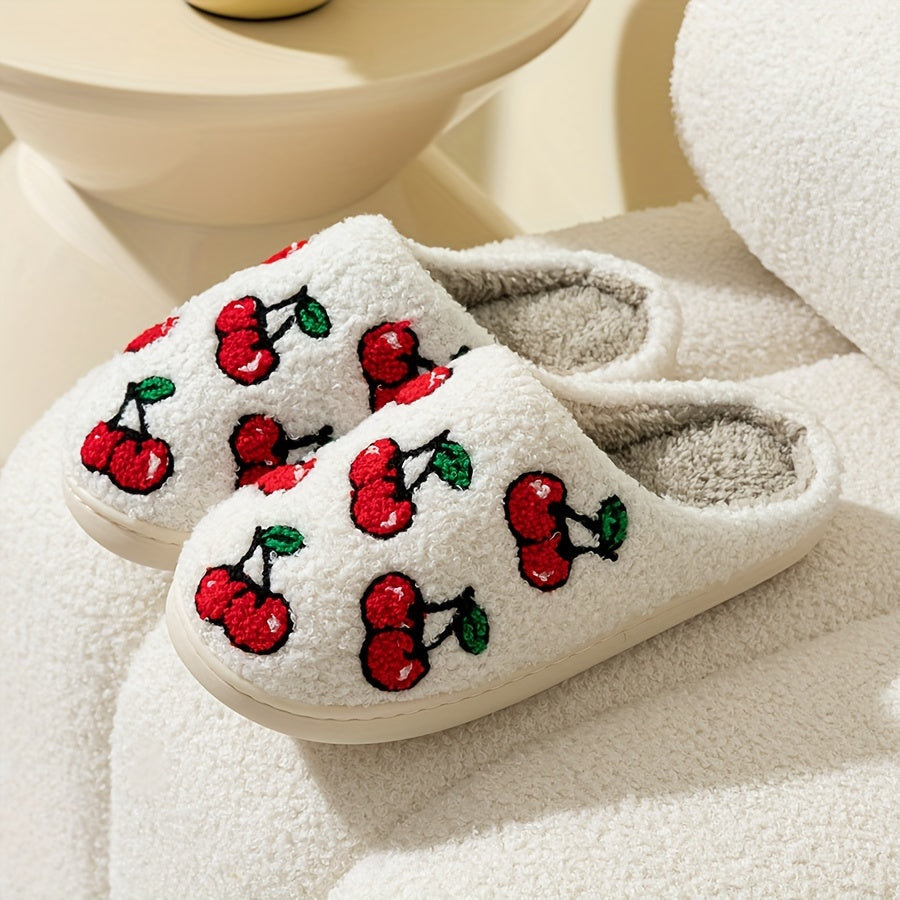 Corduroy Fruit Pattern Plush Slippers - Ultra Soft, Warm, and Comfortable Indoor Shoes with Flannel Insole and TPR Sole for All-Season Wear - Casual, Slide-On Design for Home Relaxation