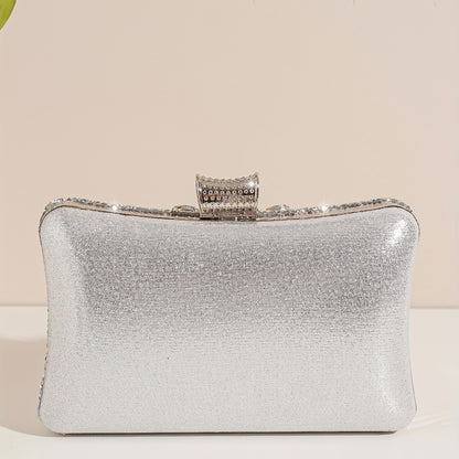 Elegant Silver Rhinestone Evening Clutch – Removable Strap, Buckle Closure, Polyester Lining, Ideal for Bridal and Special Occasions