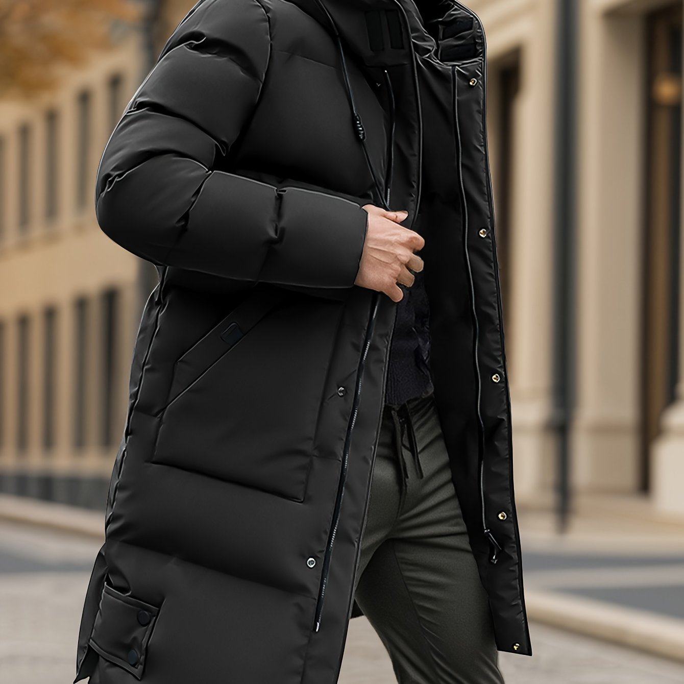 Winter Thickened Medium-Long Warm And Cold-Proof Hooded Drawstring Large Pockets Windproof And Waterproof Men'S Imitation Down Jacket Cotton Coat