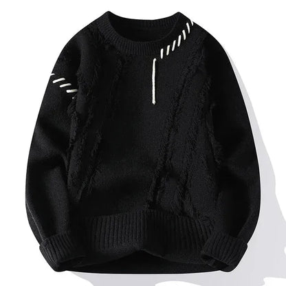 Man Panelled Contrast O-neck Sweater Autumn Winter Vintage Loose Long Sleeves Knitted Pullover Fashion Casual Male Jumper 240111