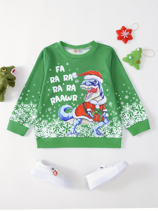 For Kids Boys, Christmas Dinosaur Print Sweatshirt with Christmas Hat Pattern - Keep Your Little One Warm and Trendy!