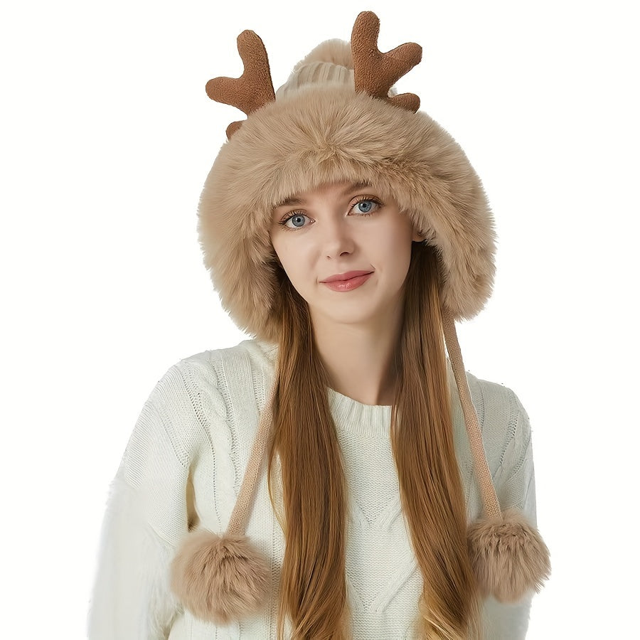 Warm Winter Plush Knitted Deer Horn Hat with Cute Christmas Thunder Feng Ear Protection