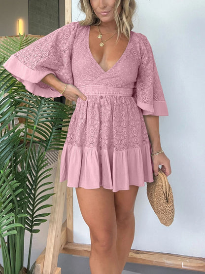 2024 Summer European and American Hot Trade   Wish New Women's Lace Stitching Batwing Sleeve Dress