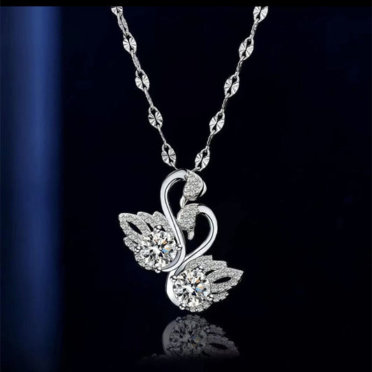 Tik Tok Live Stream Pt950 White Gold Color Double Swan Necklace Light Luxury Minority Swan Pendant Female Clavicle Chain for Girlfriend