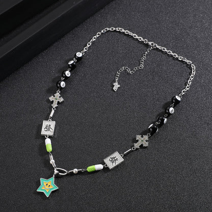 Niche Design Hip Hop Couple Lucky Star Smiley Face Fortune Green Pill Necklace Men's Fashion Sweater Chain Accessories