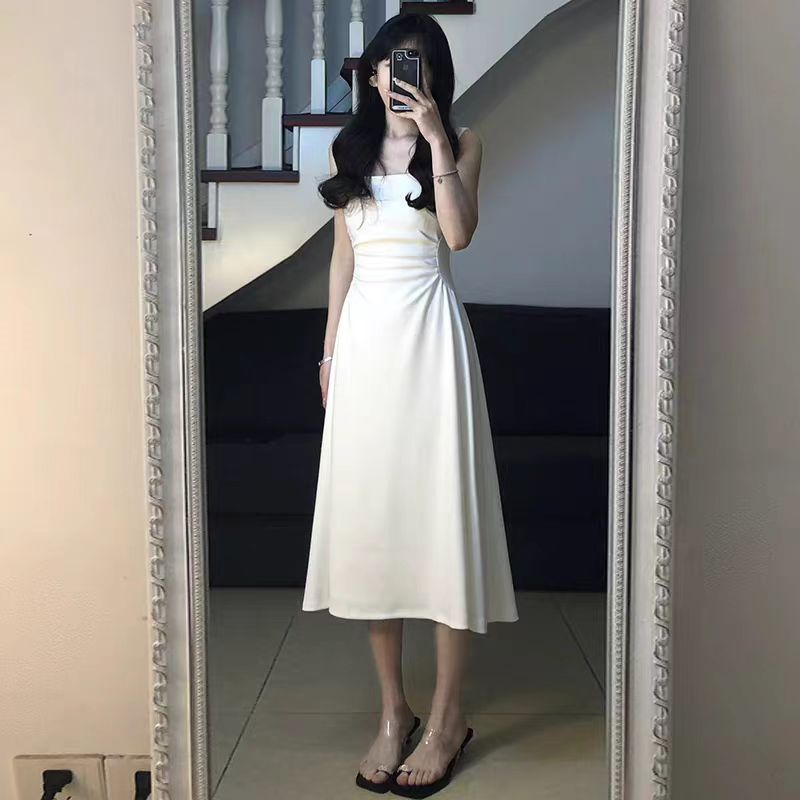 White Suspender Dress Summer Women's 2024 New A- line  Style Temperament Tight Waist Special-Interest Design Long Skirt