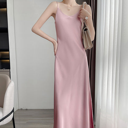 Summer New Mid-Length Dress Sleeveless Cold-Shoulder Light Luxury Mulberry Silk Acetate Satin Artificial Silk Suspender Skirt for Women