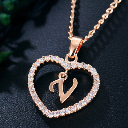 In Stock Direct Selling Exclusive for Cross-Border Letter Necklace 26 Letter Heart-Shaped Zircon Necklace Jewelry Love Heart Pendant Necklace