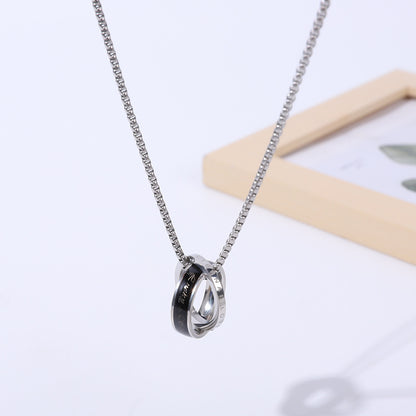 Fashion New Stainless Steel Double Ring Necklace Men's Ornament Ring Buckle Drop Diamond Necklace Titanium Steel Sweater Chain Lot