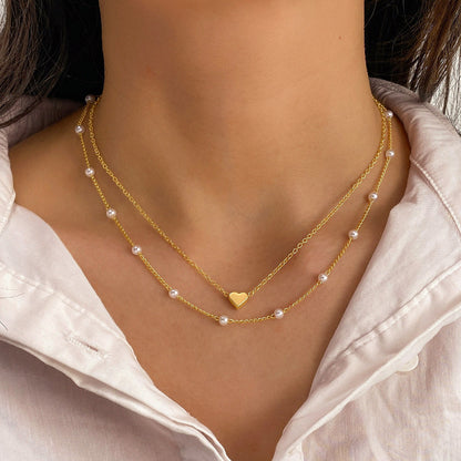 Cross Border Pearl Heart Necklace All-Match Pearl Multi-Layer Pendant Clavicle Chain Women's Retro Multi-Layer Twin Necklace