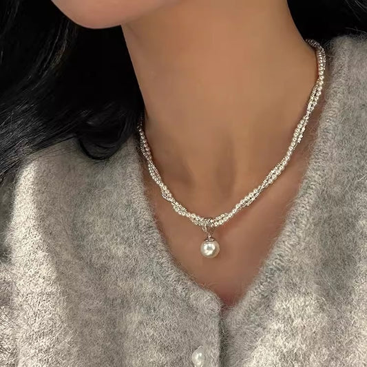 Universal Buckle Pendant S925 Sterling Silver Shijia Strong Light Pearl Small Pieces of Silver Double-Layer Necklace Women's Affordable Luxury Style High-Grade Sense