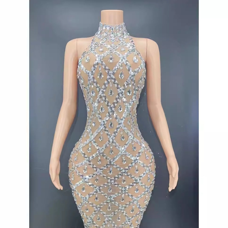 Dress black and silver rhinestone transparent gauze short dress sexy birthday party Dress