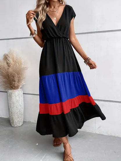 2024 New Color Block Pleated V-neck Dress Casual Polo Collar Cover Sleeve Dress  Hot Summer