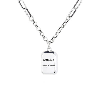 Chaosheng S925 Sterling Silver Box Letter Square Plate Necklace Ins Niche Design  Entry Lux Style Clavicle Chain Female