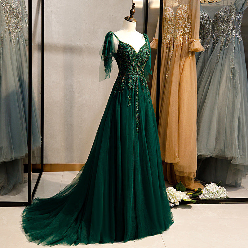 Banquet Evening Dress 2004 New Small Trailing Elegant Party Gathering Dress Dark Green Evening Dress One Piece Dropshipping