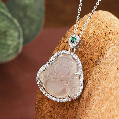 S925 Sterling Silver Diamond White Chalcedony Maitreya Necklace New Chinese Style Simple and Light Luxury Exquisite Buddha Statue Jade Clavicle Chain