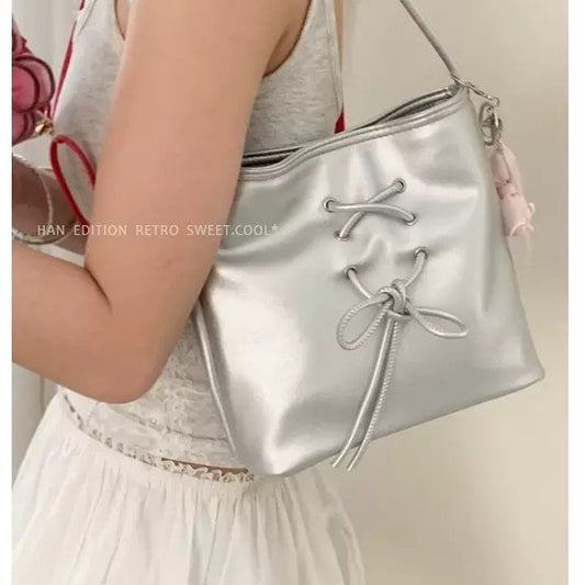 Cross-Border Niche Handbags Female  New Simple Fashion Sweet Bow Underarm Bag Single Shoulder Bucket Bag