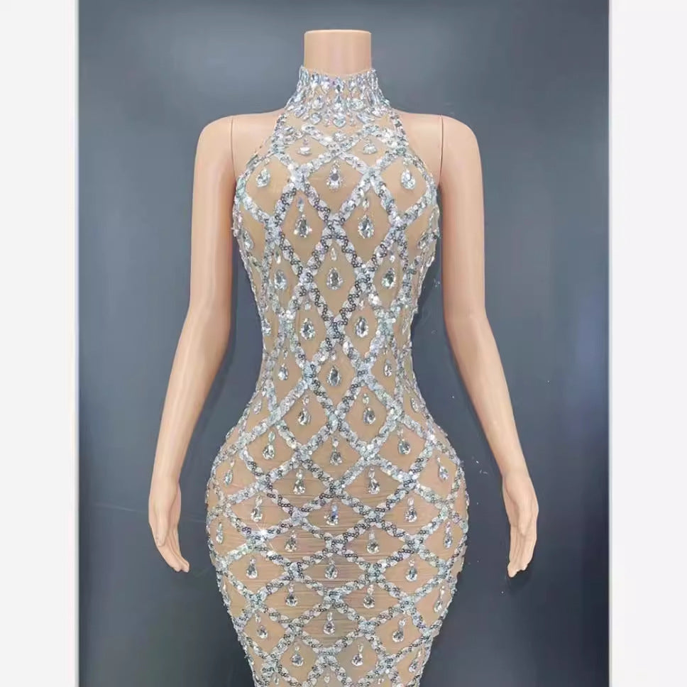 Dress black and silver rhinestone transparent gauze short dress sexy birthday party Dress