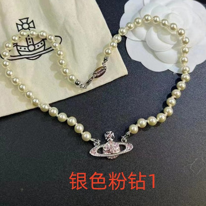 vakkv  Ouyang Nana Same Style Xiempress Saturn Pearl Necklace Punk Atmospheric Clavicle Chain Sweet Cool Hot Girl Style Ornament