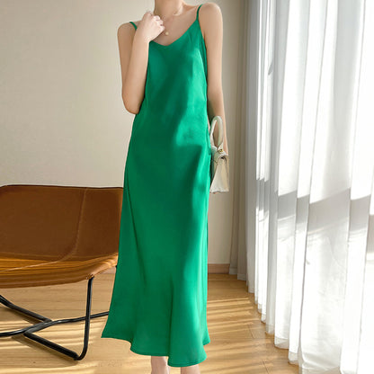 Summer New Mid-Length Dress Sleeveless Cold-Shoulder Light Luxury Mulberry Silk Acetate Satin Artificial Silk Suspender Skirt for Women