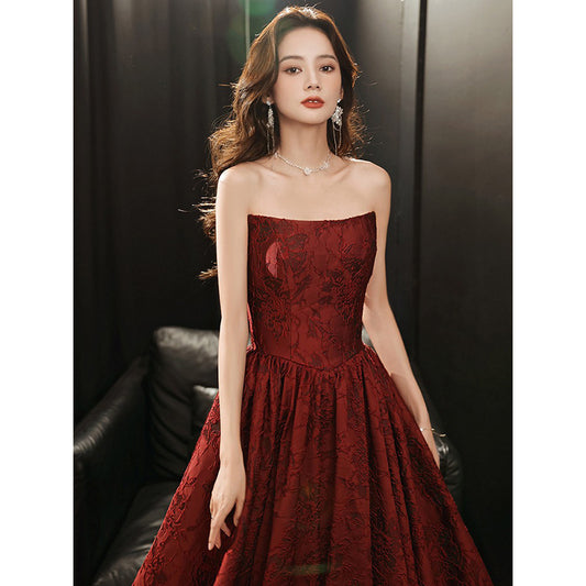 VAKKV Tube Top Toast Dress  New Bride Marriage Engagement High Sense Wine Red Evening Dress Banquet Annual Meeting Temperament