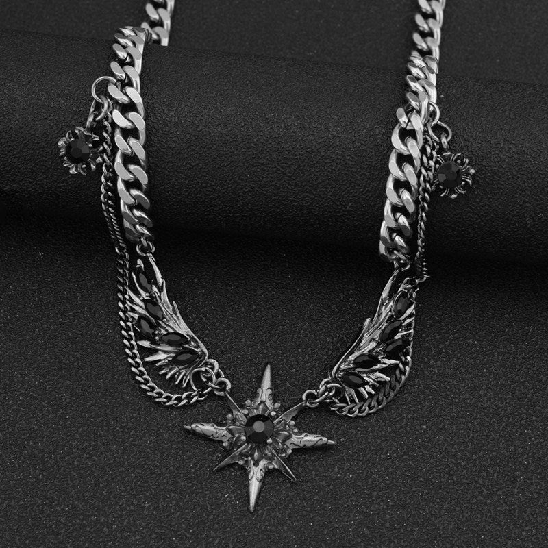 vakkv Dark Style Wings Eight-Pointed Stars Necklace Subculture Y2g Sweet Cool Hot Girl Punk Wings Necklace Sweater Chain Clavicle Chain