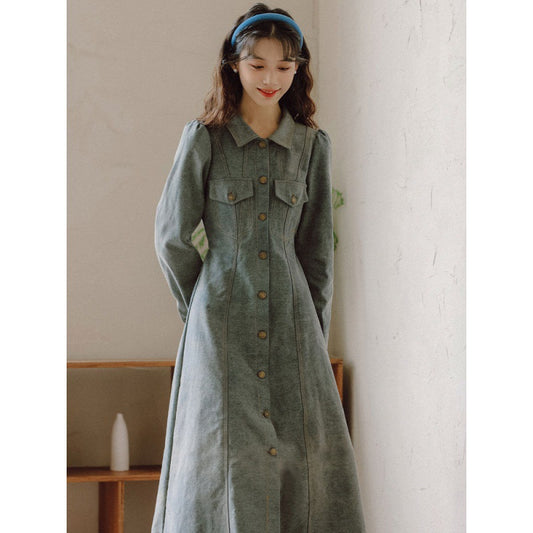 Autumn new retro Hong Kong style POLO collar design single breasted denim dress made of vintage French shirt long skirt