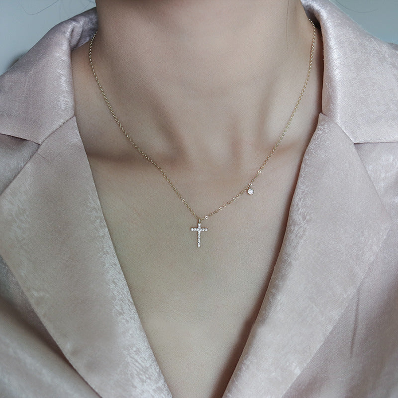 vakkv S925 Sterling Silver Diamond Cross Necklace Classic Exquisite Refined Grace Light Luxury Minority High-Grade Clavicle Chain