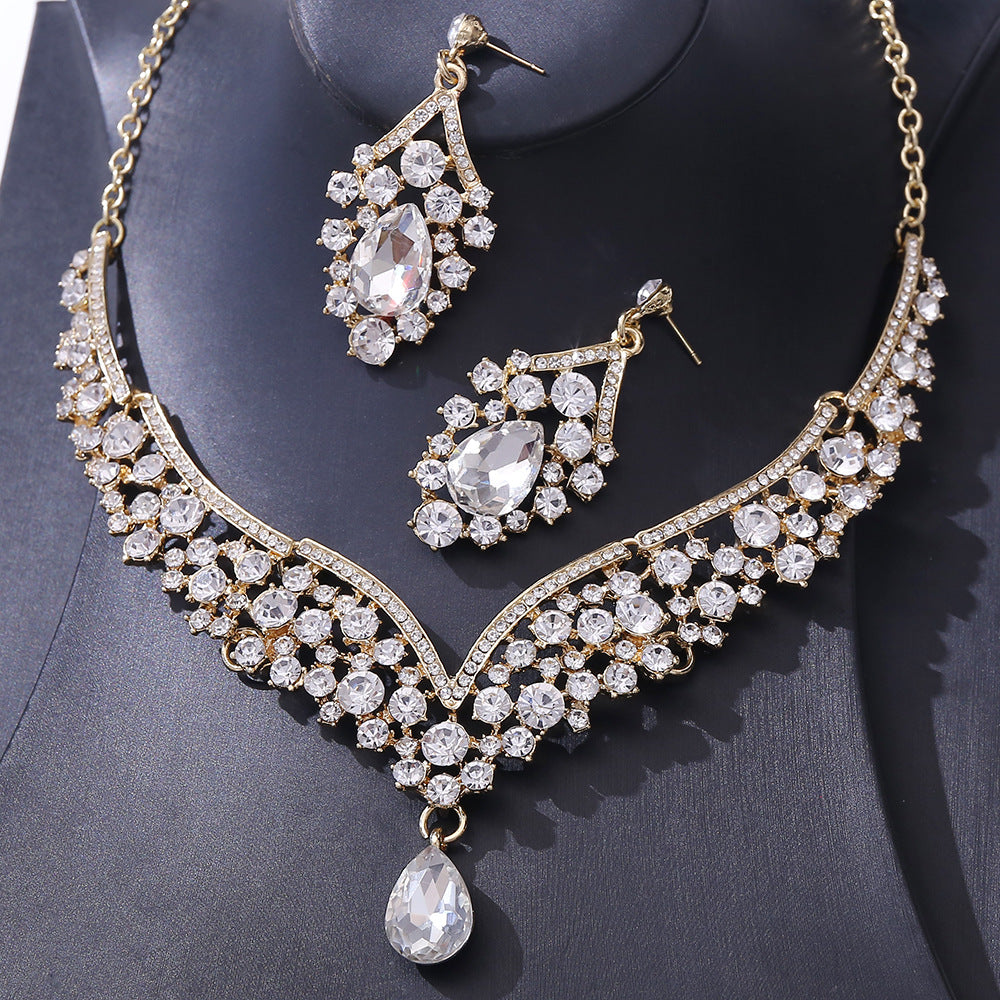 D416 Exquisite Colorful Crystal Glass Drop-Shaped Necklace Earrings Wedding Decoration Two-Piece Set Bridal Jewelry