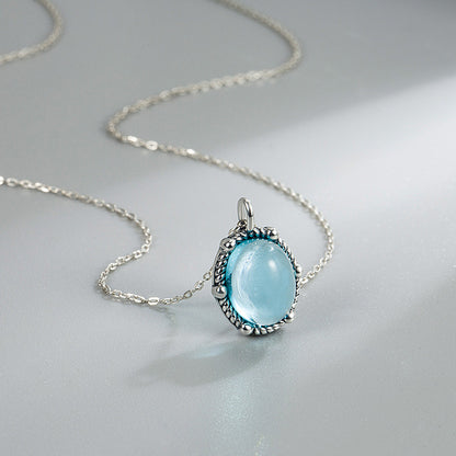 Korean Style Thai Silver 925 Sterling Silver Blue Light Stone Drop Pendant Silver Necklace Women's Simple All-Match Ins Cold Style Clavicle Chain